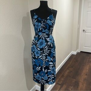 Blue Floral Midi Dress - Women's Strappy Summer Dress